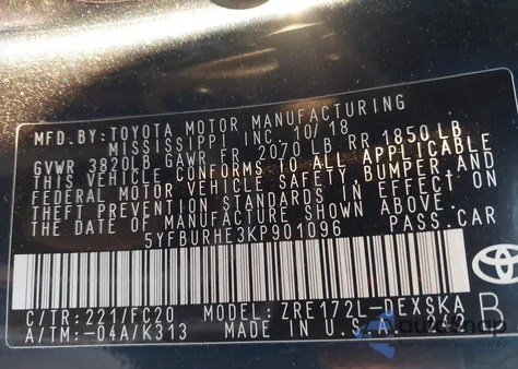 2019 Toyota Corolla Se из США, поврежденный, VIN 5YFBURHE3KP901096